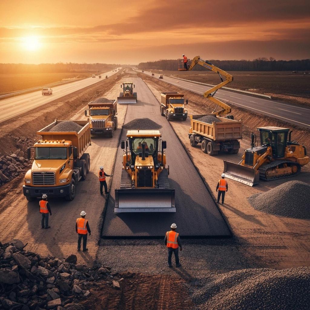 Heavy machinery and workers pave a highway under a dramatic sunset, symbolizing large-scale construction and progress